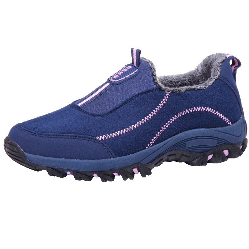 NKAVQI/новые зимние женские лоферы; женские дышащие Плюшевые Теплые повседневные кроссовки; женская обувь на плоской подошве без застежки из хлопка; размеры 36-45 - Цвет: Blue Pink
