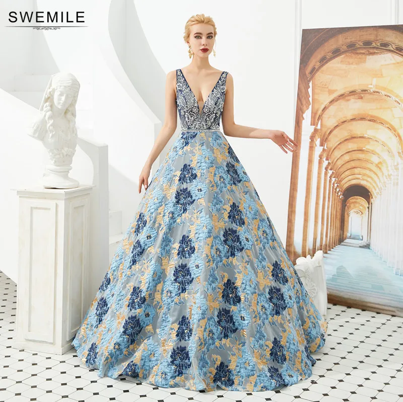 

SWEMILE Sexy Deep V Back Crystals Prom Dresses Long Robe De Soiree Luxury Beads Sequins Floral Evening Party Dresses