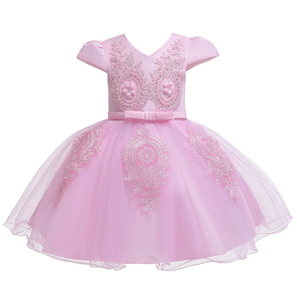 Детские кружевные Элегантные платья детское платье принцессы с бантом для первого дня рождения свадебное платье с вышитая юбка