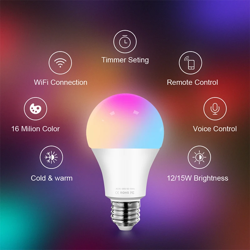 

WiFi Graffiti LED Smart Bulb Voice Control RGBCW 9W/12W/15W E27 White Remote Timing Dimmable Function Household Bulb Lighting