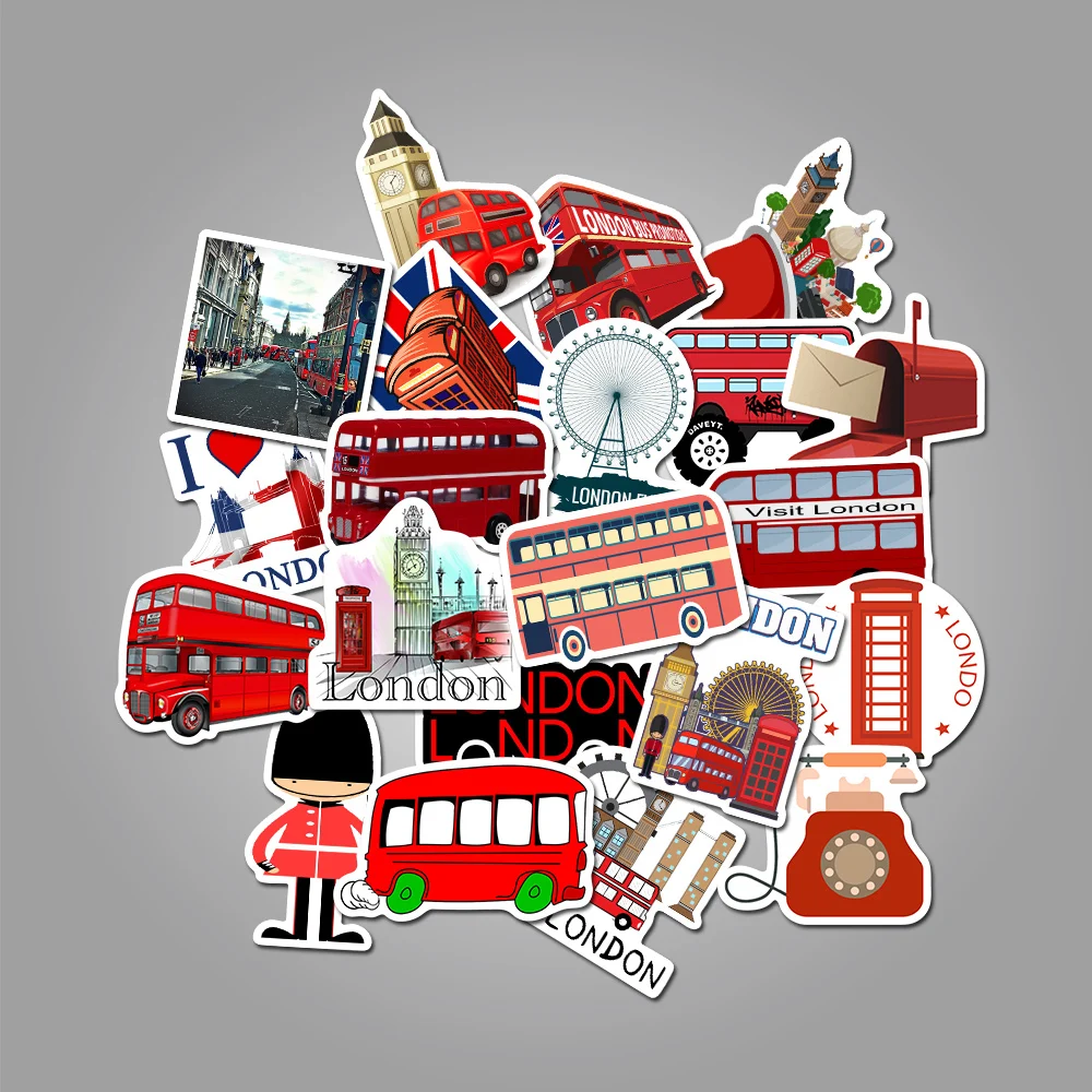 50 шт./упак. Лондонский красный автобус башня Парижа наклейки с пейзажем для багажа чемодан ноутбук телефон наклейка для гитары водонепроницаемые наклейки