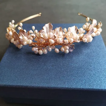 

SLBRIDAL Handmade Luxury Alloy Leaf Crystal Rhinestones Freshwater Pearls Bridal Tiara Wedding Party Crown Women Hair Jewelry