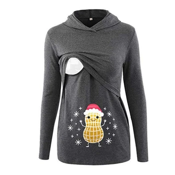 

Printed Christmas Nursing Top Hooded Loose Maternity Clothes Round Neck Color Print Breastfeeding Clothes Pregnant Women Tshirt