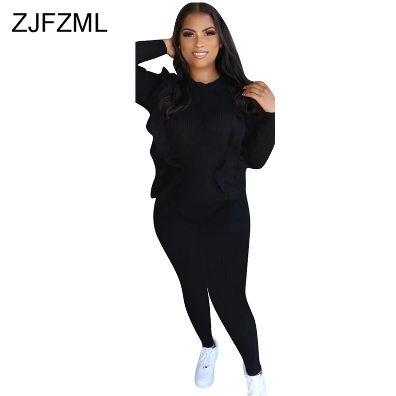 

Causal Ribbed Cotton Birthday Outfits for Women O Neck Long Sleeve Ruffles Basic Tshirt and Skinny Pants Black Plus Size Set