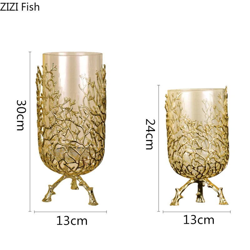 Creative glass vase Golden bracket Branches Hollow high feet Transparent hydroponic flower arrangement Metal crafts Flower vase 5