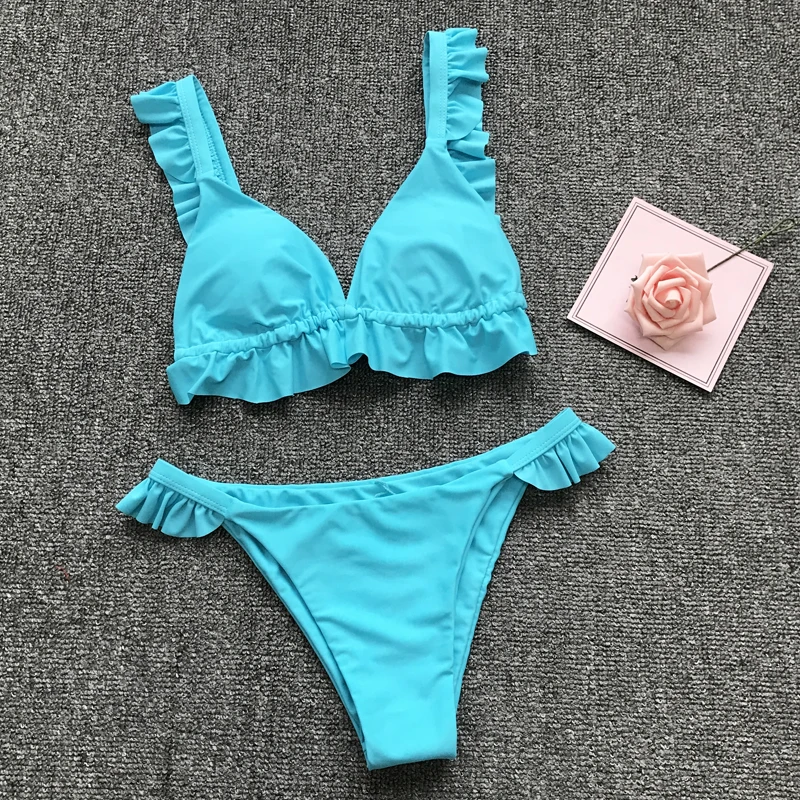 

2020 Solid Bikins Women Swimwear Two-piece Swimsuit Ruffle Bandage Mini Bikini Set Biquini Swimming Suit Beach Wear Bodysuit