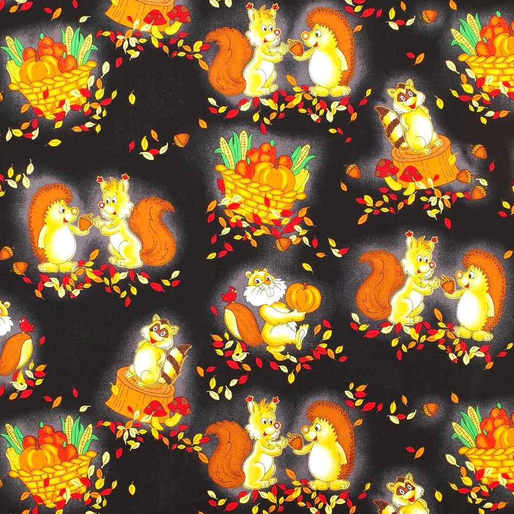 

1 yard Squirrels,hedgehogs,birds,pumpkins,corn,leaves printed Cotton Woven Fabric (width=135cm)