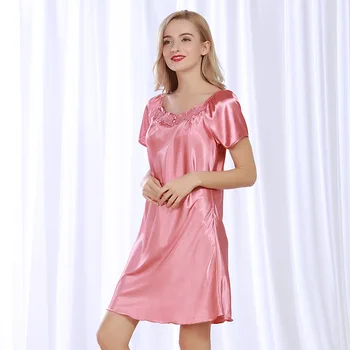 

Women Silk Satin Lace Nightdress Short Sleeve Mini Dress Sleepwear Sexy Female Nightie Summer Lady Robe Sleeping Home Dresses