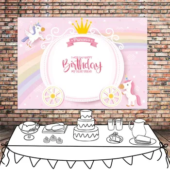 

Unicorn Princess Pumpkin Cart birthday poster template cloth Dessert table Backdrop Curtain girl birthday Party decor background