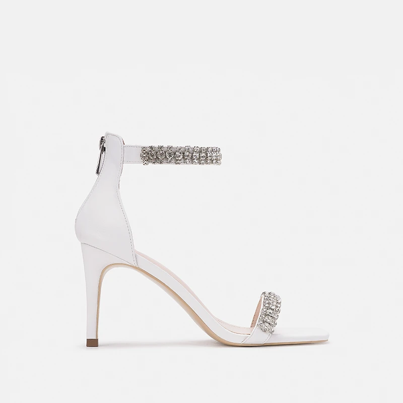 Kmeioo/элегантная женская обувь; босоножки со стразами; туфли на высоком тонком каблуке с ремешком на лодыжке; модельные свадебные туфли - Цвет: white-pu