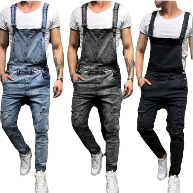 Fashion Men's Ripped Jeans Jumpsuits Hi Street Distressed Denim Bib