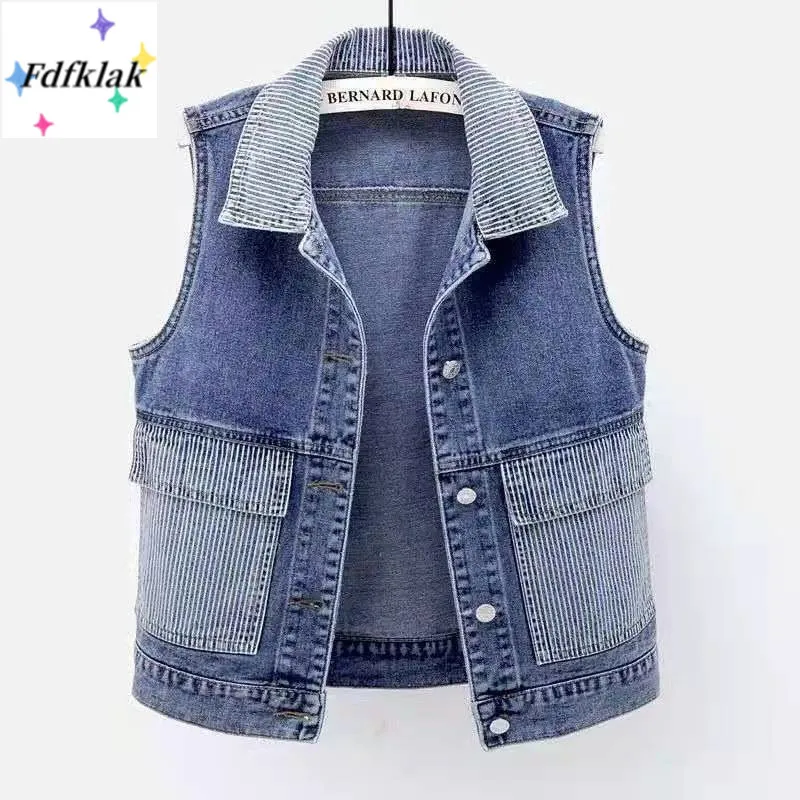 

Fdfklak Spring Summer New Denim Jacket Women All-match Waistcoat Fashion Stitching Vest Sleeveless Top 3XL Plus Size Cowboy Vest