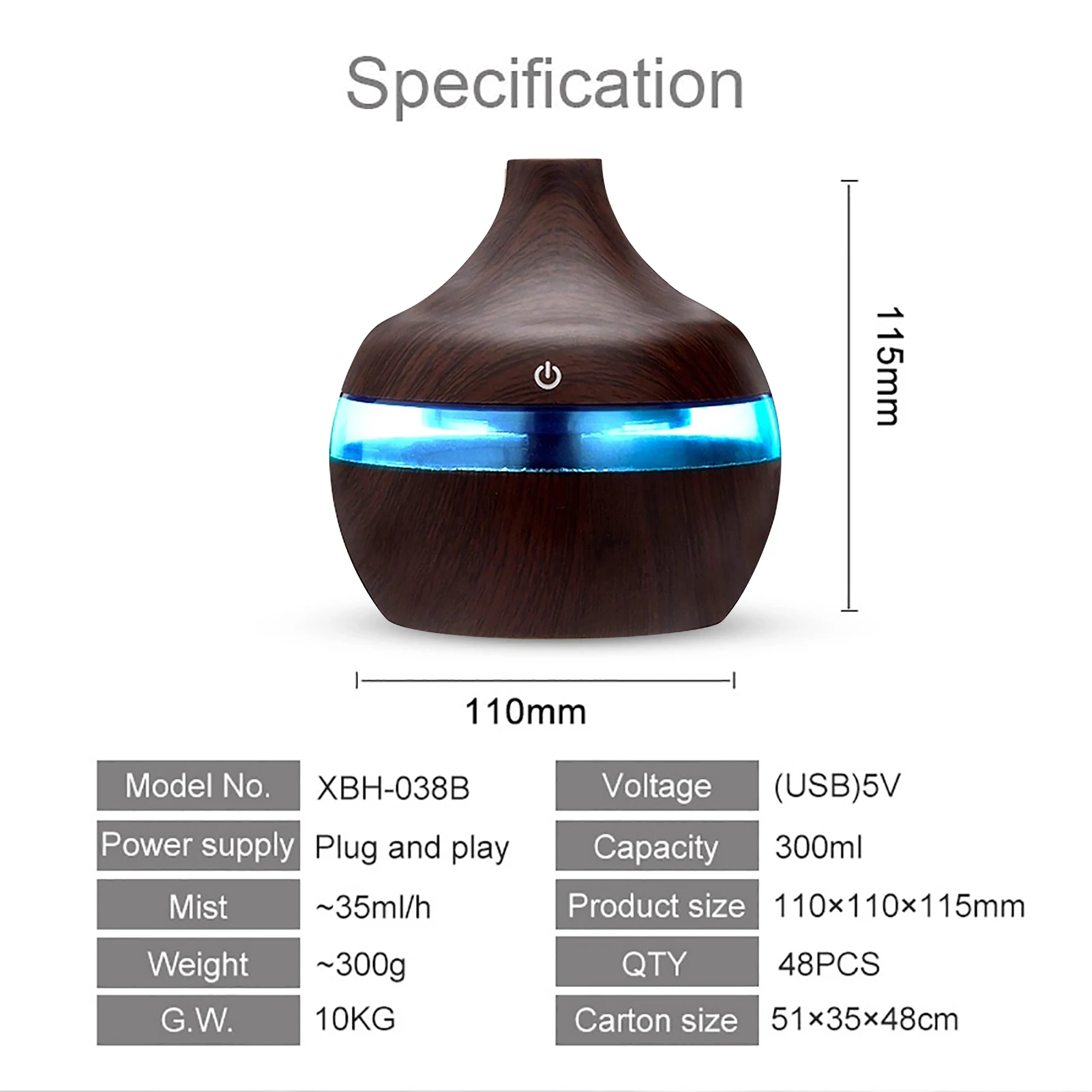 Aroma Oil Diffuser 300ML Essential Aroma Oils Diffuser 5V Electric Humidifier Wood Grain Colorful Luminous Air Humidifier USB Mini Mist Maker