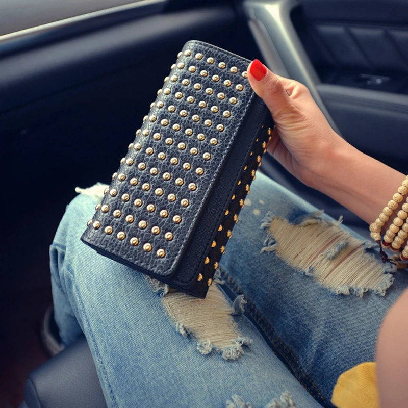 

New Fashion Female Wallet Rivets Teen Girl Women Wallets Phone Pocket Purse Pu Leather Card Holder