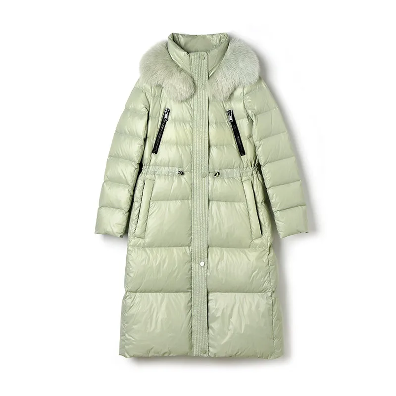 

Sweet Slim Down Jacket Women's Fox Fur Collar 90% White Duck Down Jacket Drawstring Waist Design Zipper Warm White Winter Coats