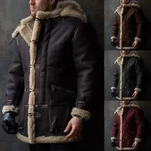 

Men Loose Coat Jacket Solid Color Fur Integrated Hooded Single-Breasted Coat Zipper Pocket Warm Cotton-Padded for Men Winter
