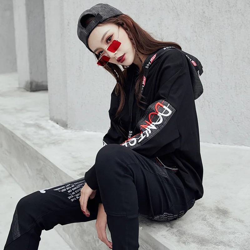 2291 Black Spliced Jean Cotton Sweatshirts For Women Streetwear Hooded Letter Printed Front Pockets Sweatshirt Woman Autumn Top