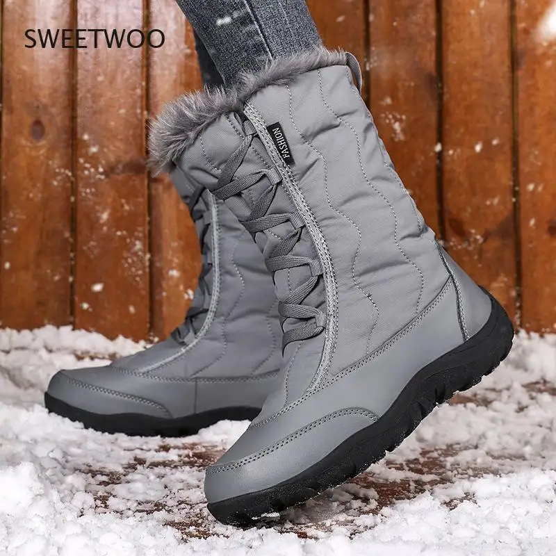 Snow Boots Women New Winter Warm Plush Booties Mid-Calf Waterproof Ladies Shoes Round Toe Platform