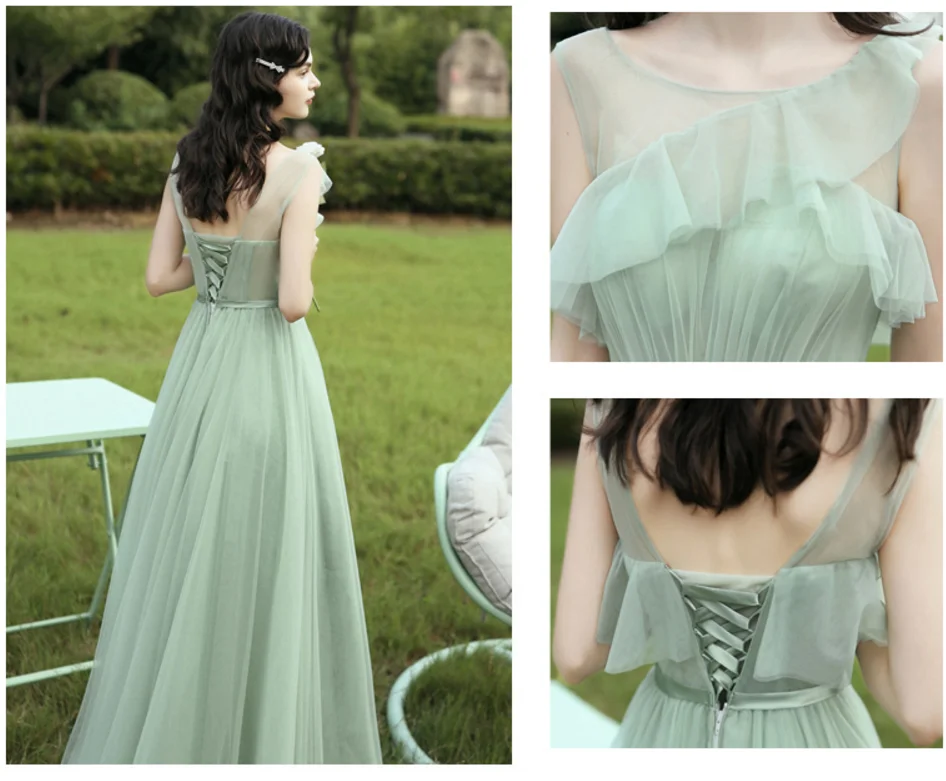 Vestidos De Festa New Elegant Green Bridesmaid Dresses Tulle Sleeves Ruffles Vestidos Verdes Formal Long Party Gown Real Price