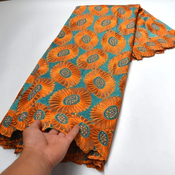 

Orange High quality wedding lace handcut African Fabric lace with stones 5 Yards 100% Cotton Swiss Voile Lace-N88134