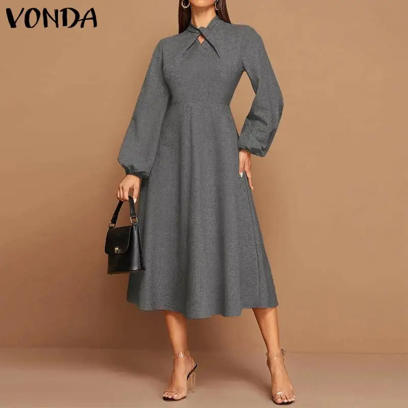 VONDA 우아한 드레스 2020 가을 봄 긴 랜턴 슬리브 셔츠 드레스 여성 플러스 사이즈 솔리드 숙녀 로브 보헤미안 Vestidos