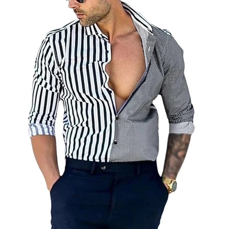 ICCLEK 2021 New Summer Striped Cotton Slim Young Casual Gray Lapel Shirt Men Shirt  Mens Long Sleeve Print Shirt