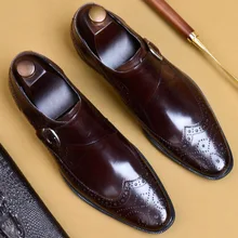 Monk Strap Men Dress Shoes Classic Brogue Oxford Shoes British Style Genuine Leather Soft Flats Wedding Formal US 11.5