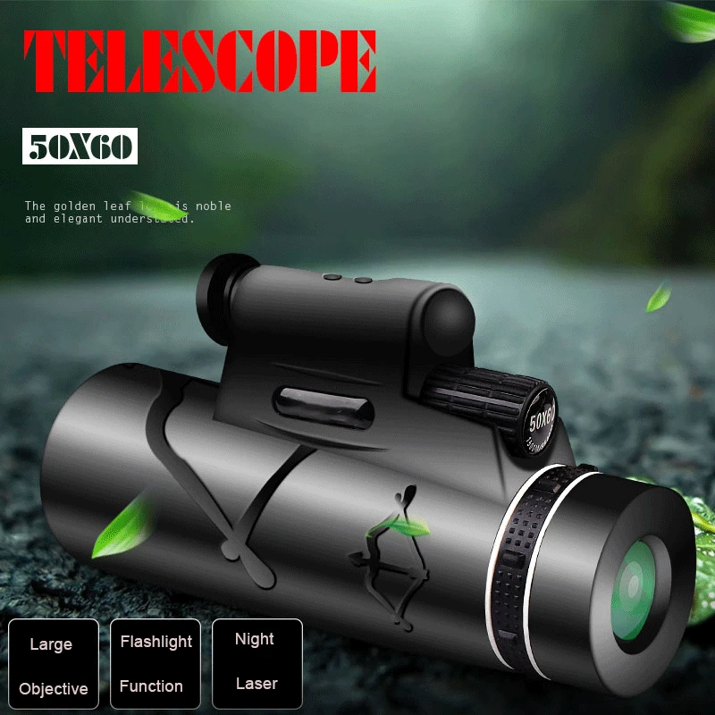 

50X60 Monocular Telescope Laser Portable With Light Binoculars Powerful Low Light Night Vision Compass BAK4 Outdoor for Hunting