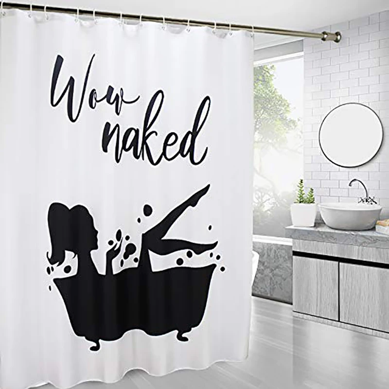 UFRIDAY Funny Black Words Fabric Shower Curtain White Polyester Soft Bath Curtain with Hooks Durable Waterproof Bathroom Curtain