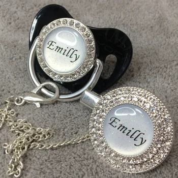 

MIYOCAR custom any glitter name photo black bling pacifier and pacifier clip silver BPA free dummy bling glitter design P4-1-BG