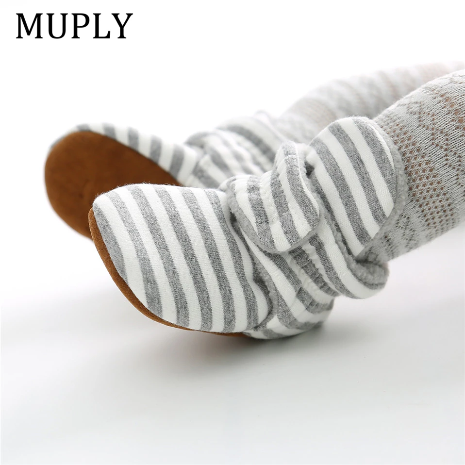 Toddler Baby Boys Girls Cotton Booties Socks Warm Fleece Boots Striped Soft Sole Non-Slip Slippers Newborn First Walking Crib Shoes 0-18M 
