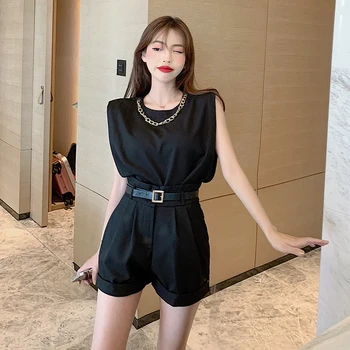 

2 Pieces Women Sets 2020 Summer Fashion Women Sleeveless Loose Shirt Tops and Short Sets Office Ladies Shorts Suits Sashes WS234