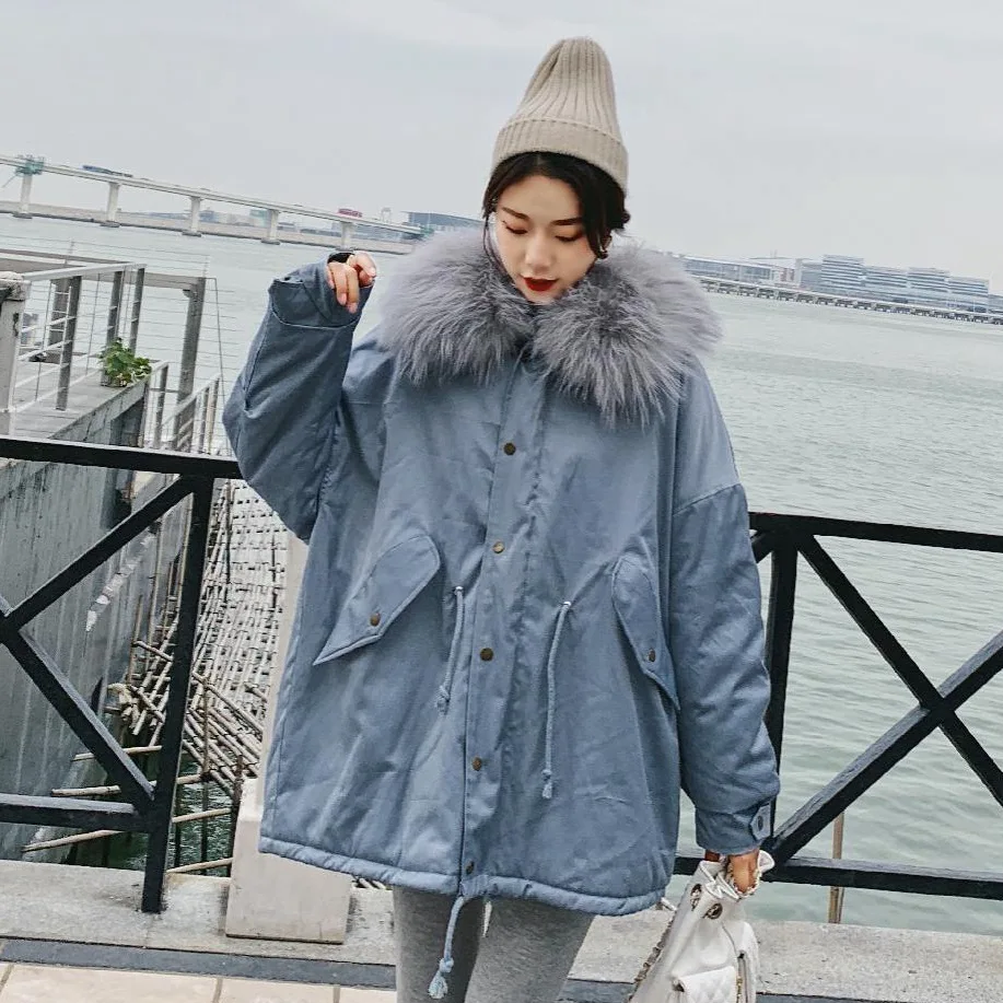 

Photo Shoot CHIC Korean-style Drawstring Waist Hugging Workwear Cotton Overcoat Women's Satin Sweet Gray Large Fur Collar Hooded