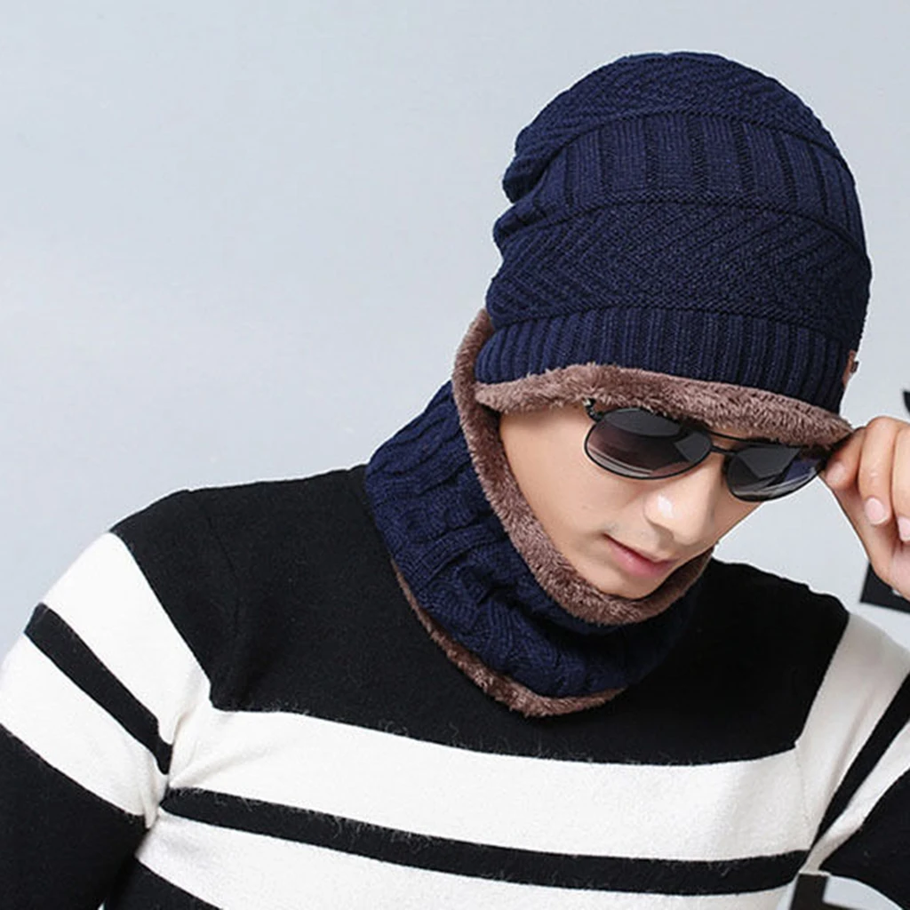 2PCS Men's Women's 2 Sided Beanie Winter Warm Knit Ski Knitted Scarf Hat Windproof Couple Hat Slouchy Hats with Pom Scarves