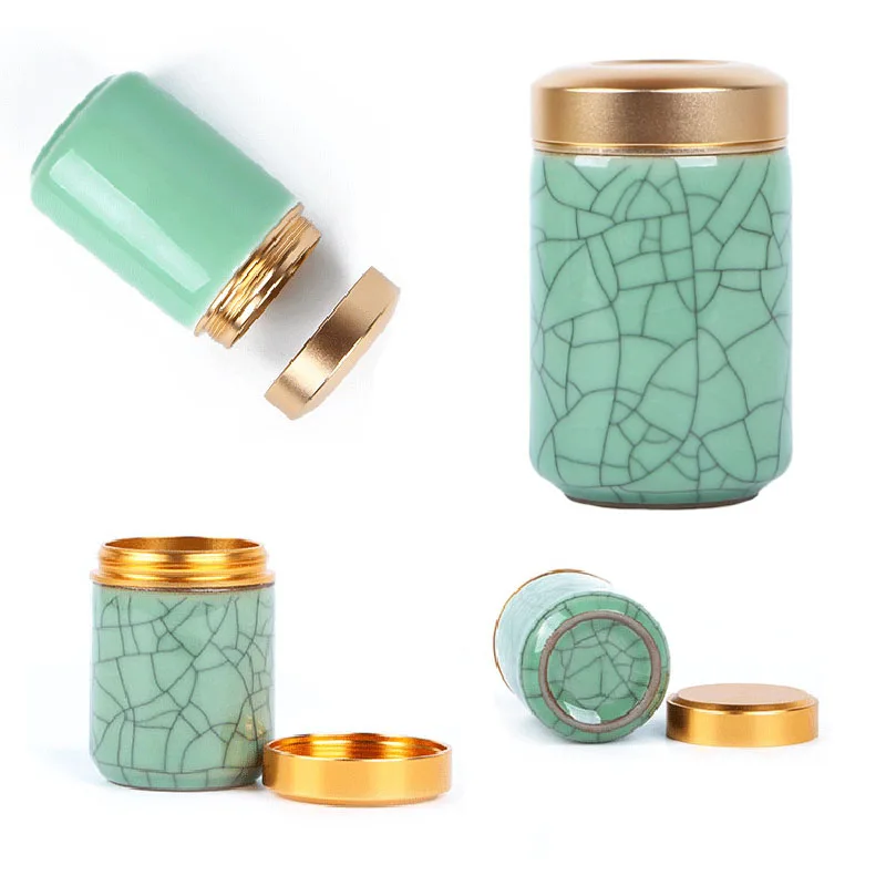 Mini-oppbevaringskrukker i keramikk med celadon-metalllokk, forseglet sylindrisk beholder for oppbevaring av te, korn, tørrvarer, godteri osv._voghion.com