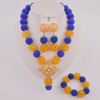 

Stylish Royal Blue and Champagne Gold Nigerian Wedding African Beads Jewelry Set Women SP3-09