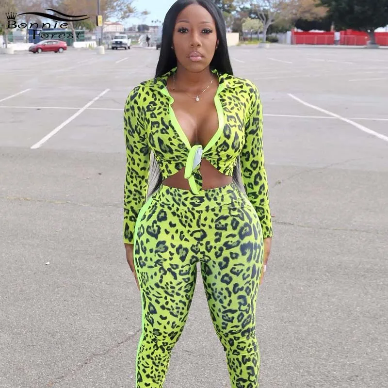 

Bonnie Forest Women Neon Green Tracksuit Sexy Tie Front Leopard Print Pant Sets 2 Pieces Night Club Overalls Wholesale