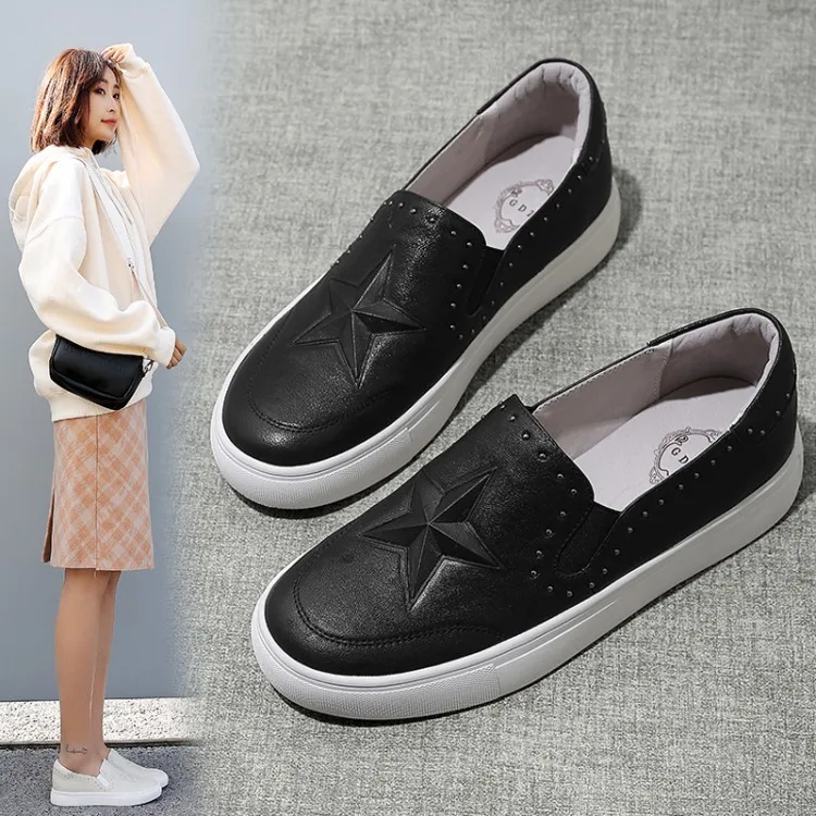 

Genuine Leather WOMEN'S Flat Shoes Pq38-4 Casual Slip-on Shoes Hot Sales Versatile White Shoes Black And White with Pattern Off-