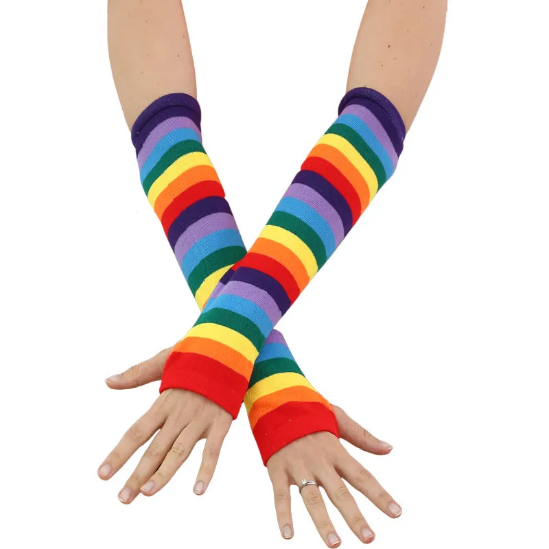 

Rainbow Color Long Warm Gloves Japanese Style New Slim Female Arm Sleeve Striped Knitting Sunscreen Spring Autumn Gloves guantes