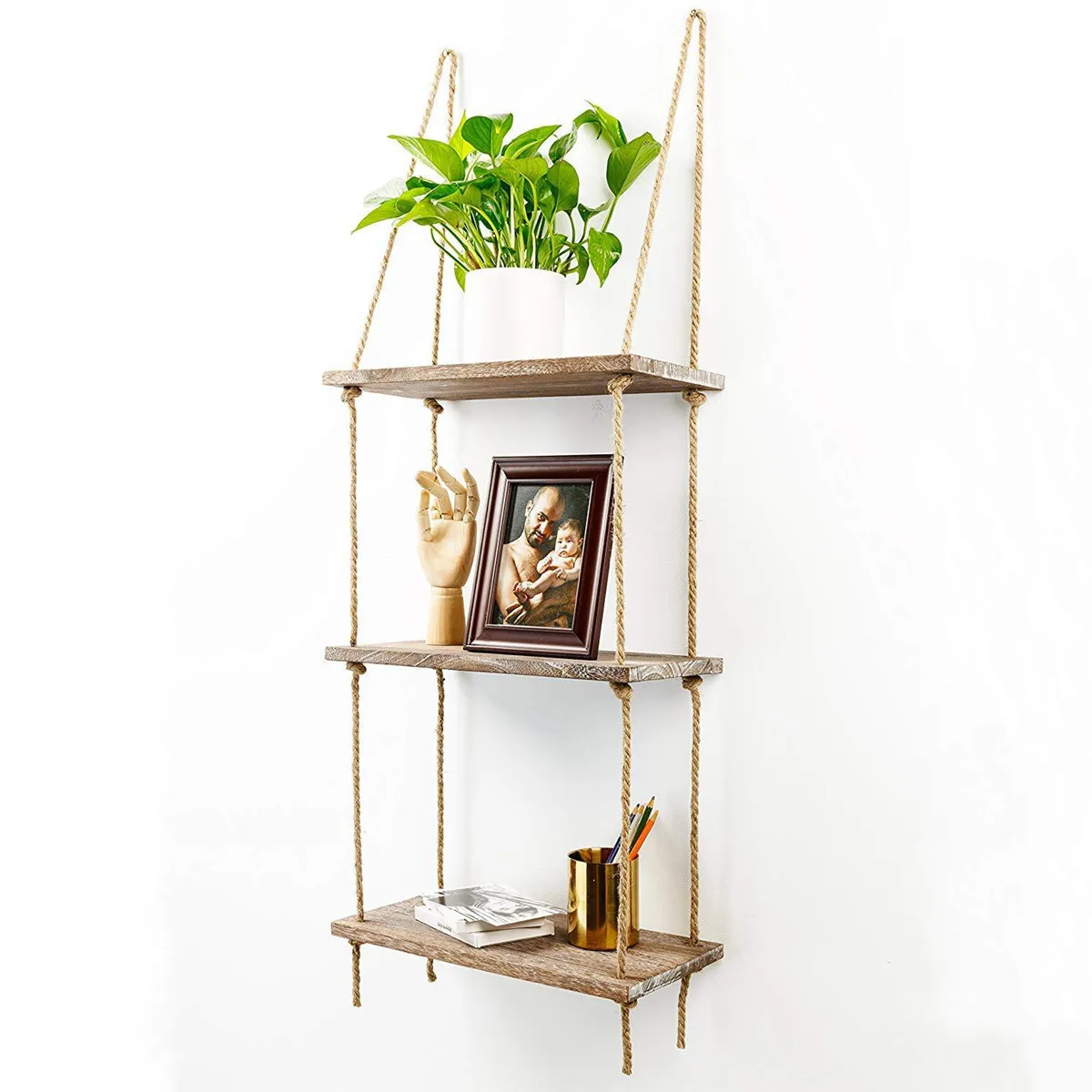 

1 2 3 Tier Rustic Wooden Hanging Rope Shelf Handmade Solid Wood Floating Shelves Home Decorative Wall Mounted Rack Wall Tray