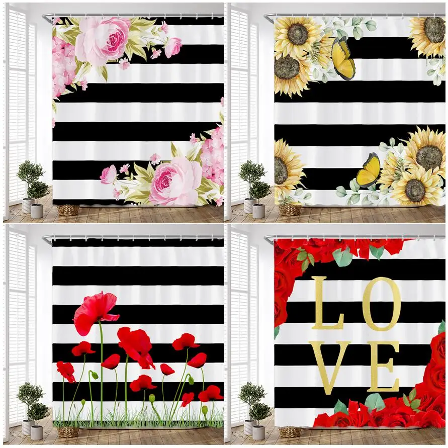 Natural Flower Black White Striped Shower Curtains Pink Rose Sunflower