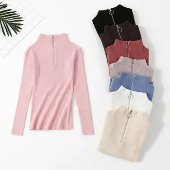 

Women Autumn Long Sleeve Turtle Neck Zip Knitted Sweater Pullover Bottoming Womens Sweaters 2019 Winter Knitted Sweater