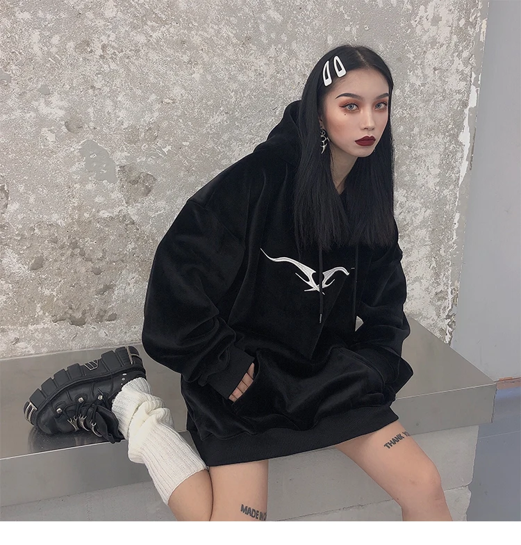Харадзюку уличная вышивка с капюшоном джемпер большого размера с карманом с капюшоном