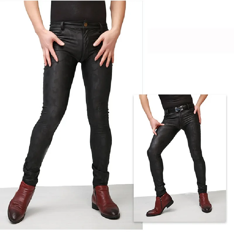 Большие размеры из искусственной кожи тонкие узкие брюки мужские ковбойские стильные обтягивающие брюки Jogger камуфляж высокая эластичность эротические леггинсы