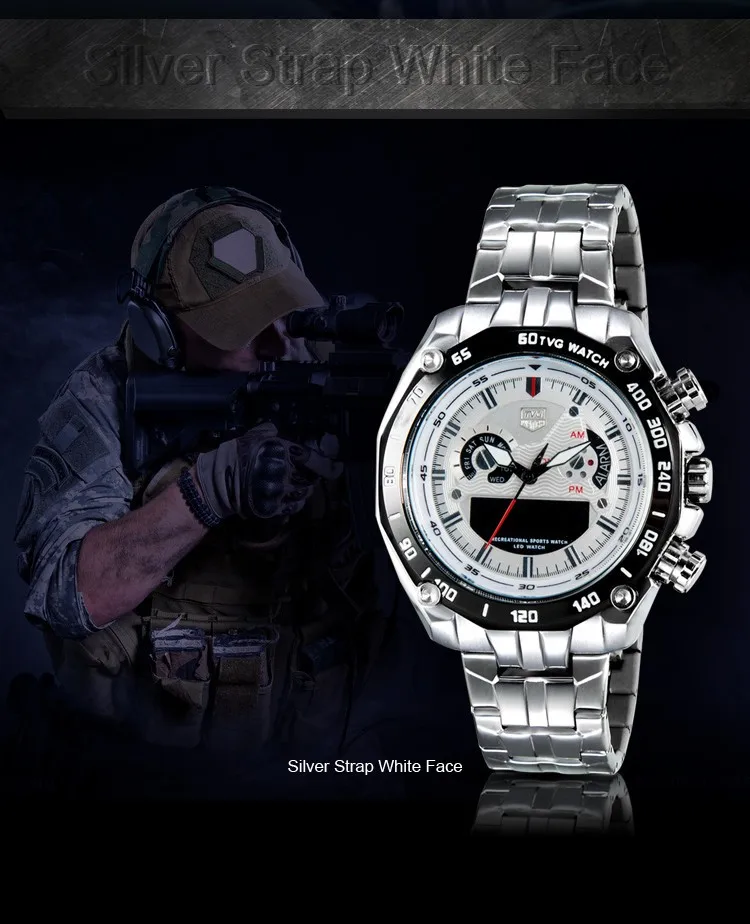 TVG Брендовые мужские часы, мужские спортивные часы, браслет из нержавеющей стали, двойной дисплей, кварцевые наручные часы для мужчин, mannen horloge reloj hombre