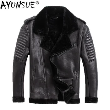 

AYUNSUE Genuine Leather Jacket Men Winter Sheepskin Coat Warm Motorcycle Sheep Shearling Jacket Man Wool Lining coats KJ2914
