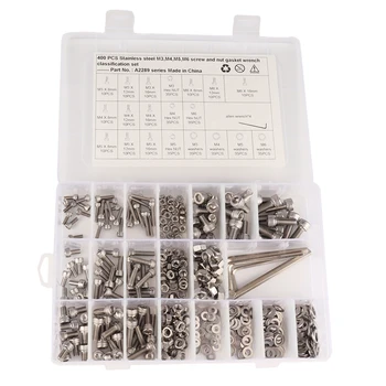 

400Pcs Stainless Steel Screws And Nuts M3 M4 M5 M6 Hex Socket Head Cap Screws Assortment Set Kit With Storage Box With Wrench