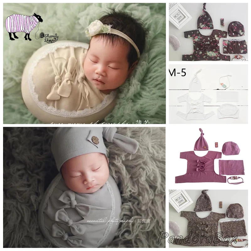6pc Newborn Photography Props Stretch Wraps+Hat Set Baby Boy Girl Photo Shoot Studio Posing Wrap+Headband fotografia Accessories