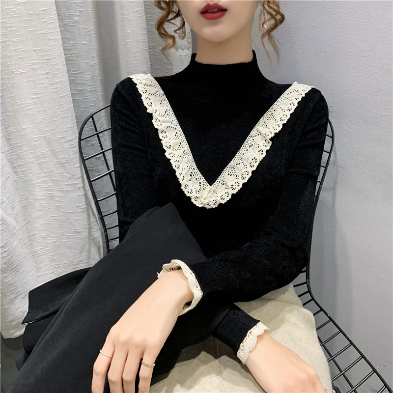 2021 Promotion Room 197502 Row 2 No. 4 Upper] Real Shot Velvet Half High Collar Stitching Lace T-shirt 60 | Женская одежда