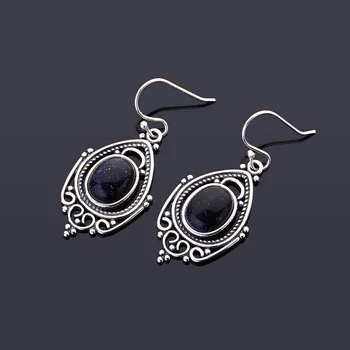 

S925 Sterling Silver Earrings Fashion Retro Texture Large Oval 8X10MM Blue Sandstone Earrings Wedding Party 925 Silver Jewelri